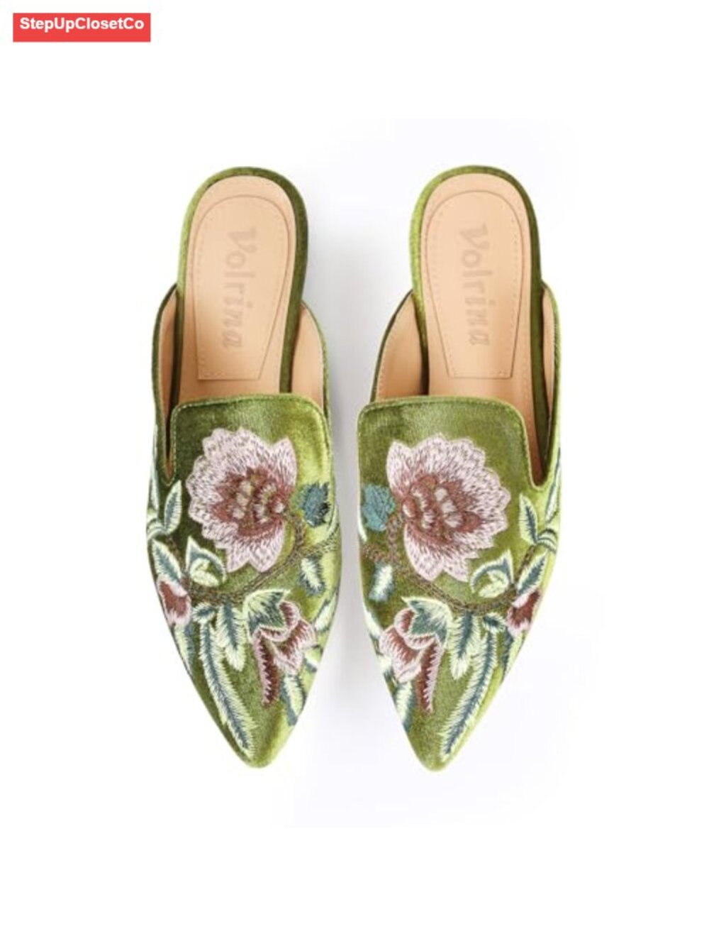 Velvet Embroidered Pointed Toe Backless Mule Flats Slip On Loafers